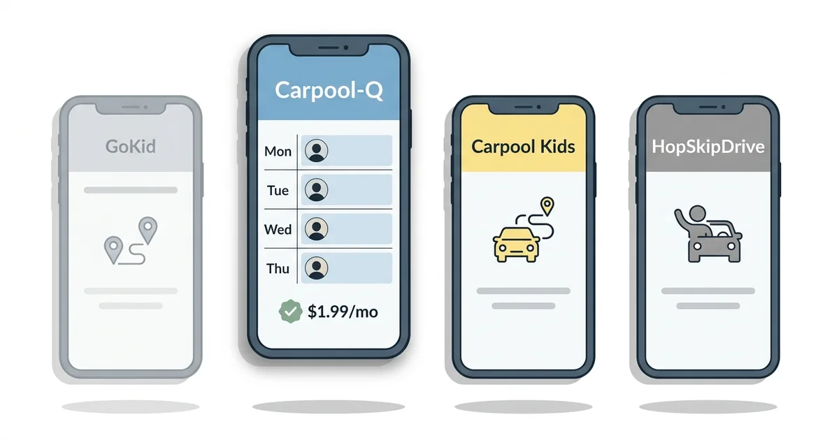 Comparison of school carpool apps displayed on smartphone screens