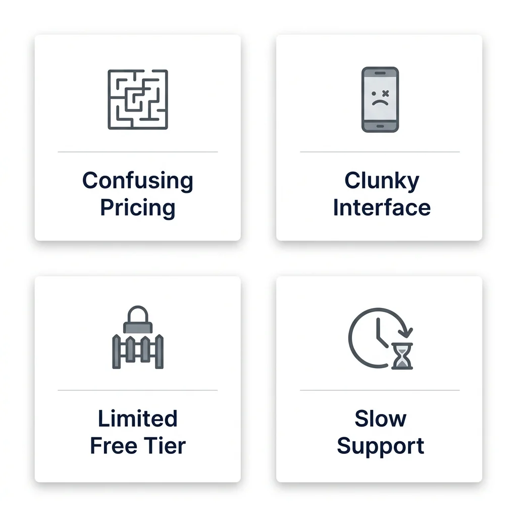 Illustration showing parents weighing carpool app options, with UI elements highlighting confusing pricing tiers and limited free features