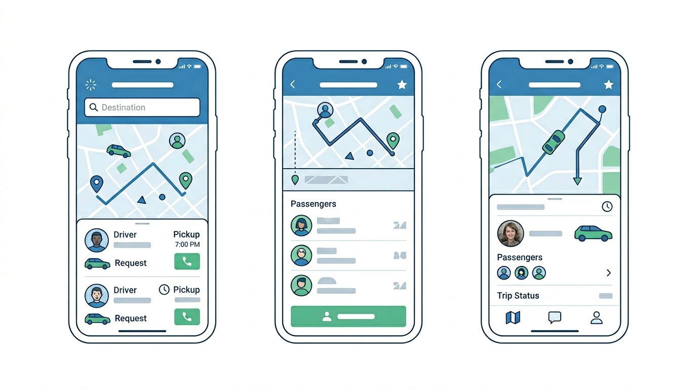 Comparison of school carpool apps displayed on smartphone screens