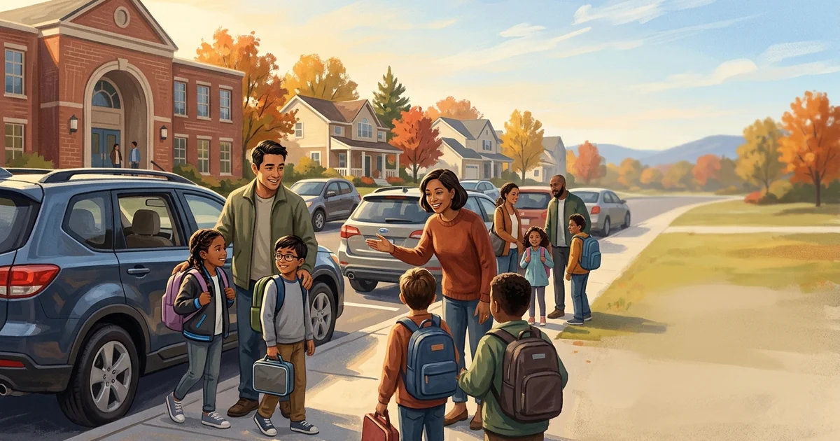 Group of smiling parents and kids by minivans at school pickup