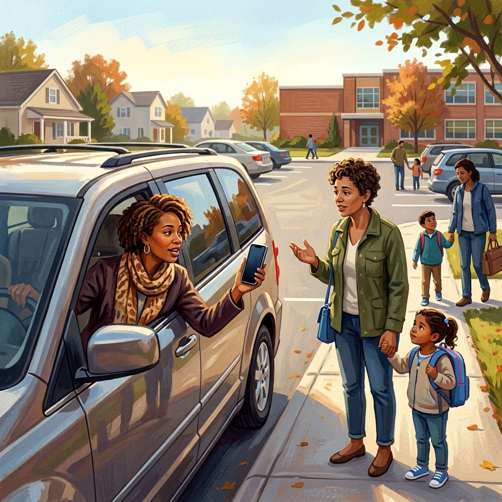 A driver leaning out a car window with a phone in hand, talking to another parent at a school dropoff, autumn light