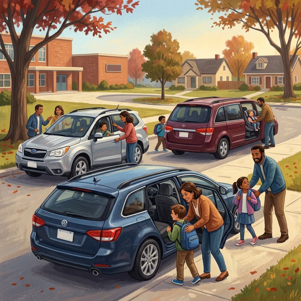 Four families with their cars and kids gathered in a suburban driveway, taking turns loading kids into different vehicles in the warm morning light, capturing the sense of fair rotation