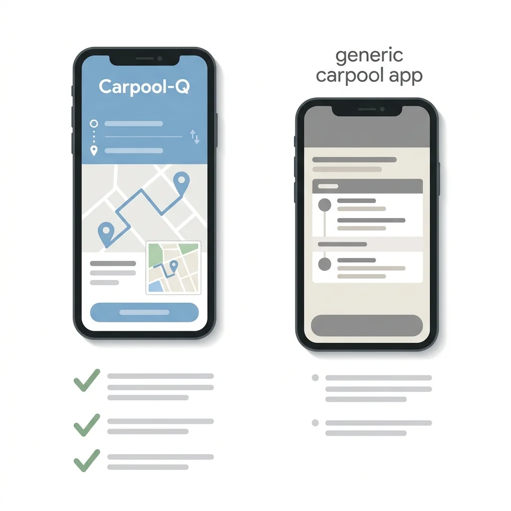 Two phones side by side on a clean white surface, one showing a Carpool Kids route map and the other showing a generic carpool schedule app, with soft drop shadows