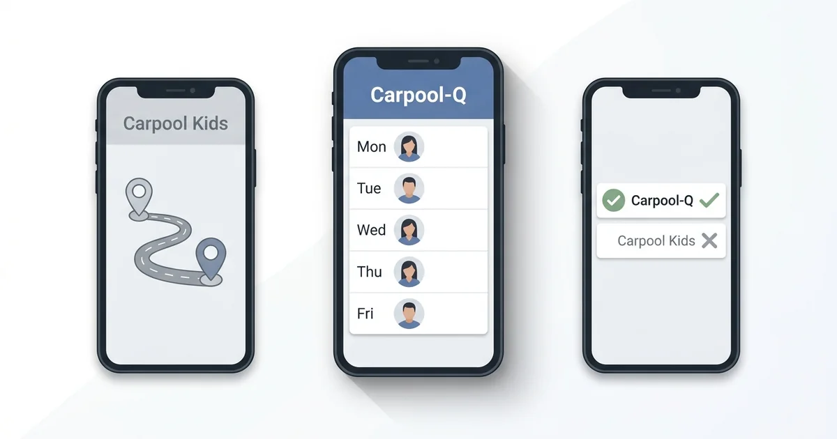 Side-by-side comparison of Carpool Kids and Carpool-Q apps on smartphones