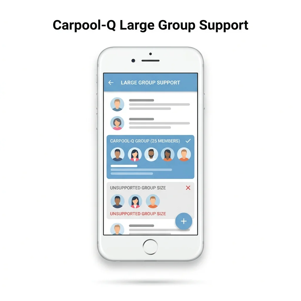 Screenshot showing Carpool Kids managing a large group roster with multiple families and schedule views