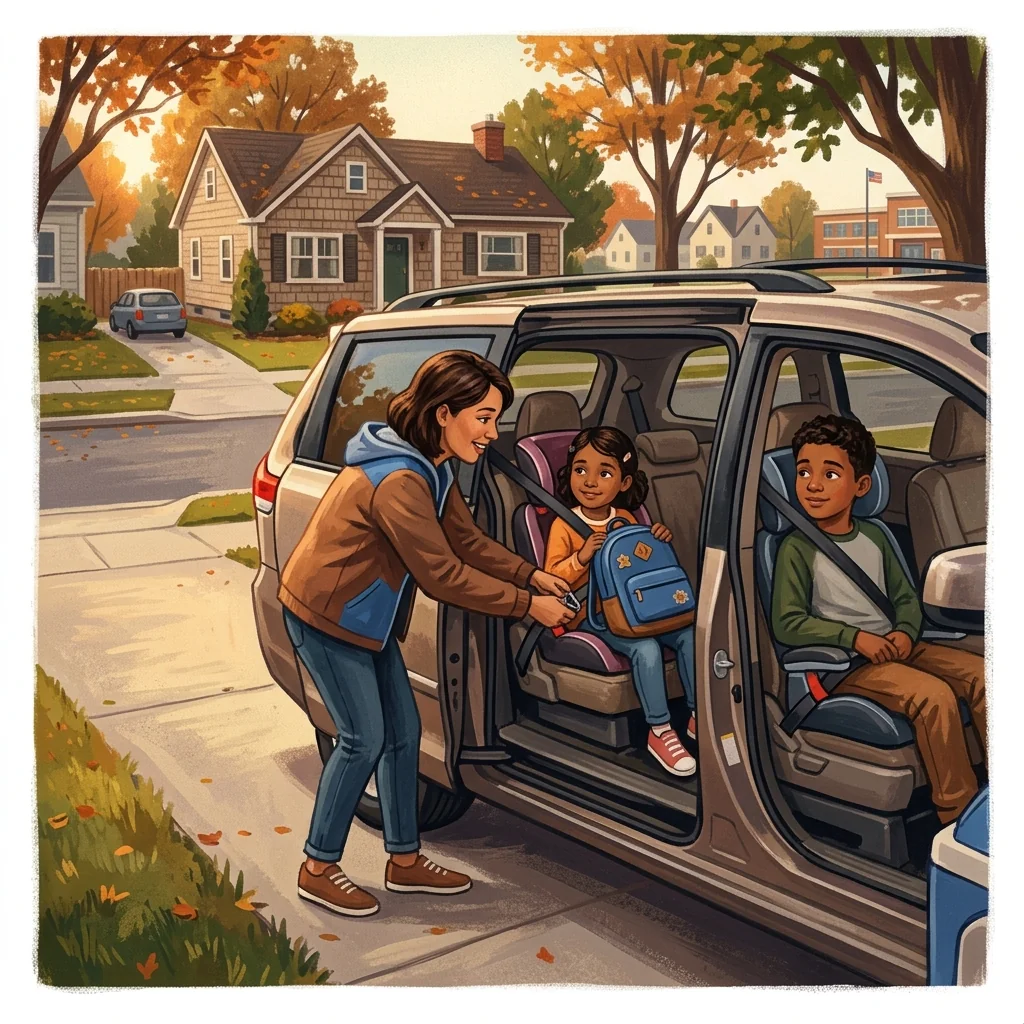 A parent buckling a child into a booster seat in the back of a minivan, another child already buckled in the next seat; warm morning light in a suburban driveway