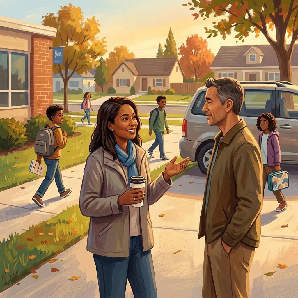 Two parents standing in a driveway in calm conversation with kids walking toward a car in the background; warm afternoon light; the feel of a first-time carpool vetting meeting