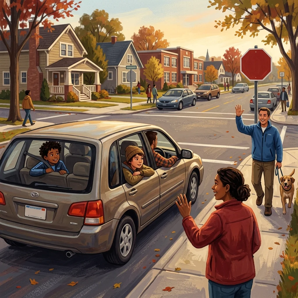 Two kids in the back seat of a car, looking out the window together and watching their parent wave to another parent at a stop sign; warm afternoon light on a suburban street