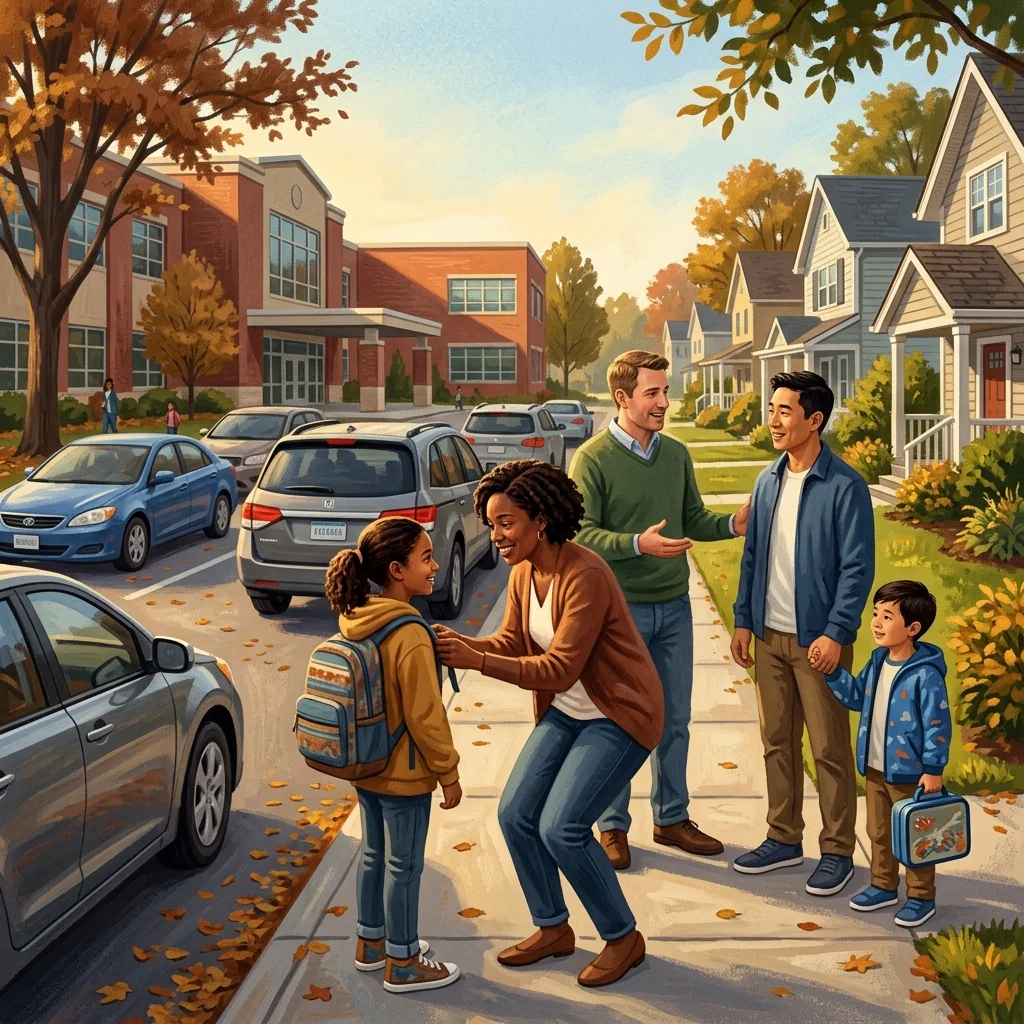 A parent handing a child's backpack through an open car window to a neighbor driver, both adults smiling in a driveway