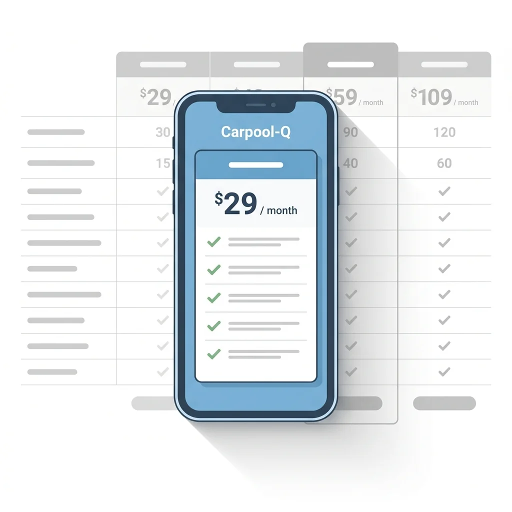 A single phone screen showing a clean one-tier pricing card highlighted in muted sky-blue, contrasted against a faded background of a complicated multi-tier pricing chart