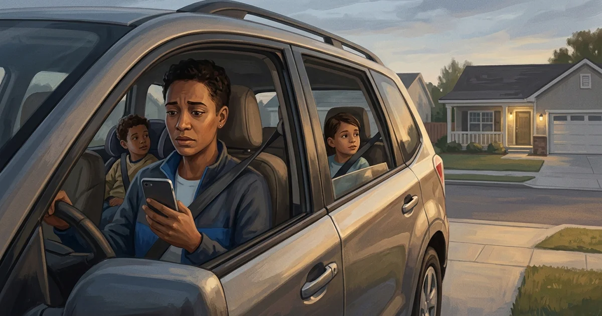 A parent waiting in the driveway at 7:42 AM with kids buckled in the back seat, checking their phone, while the neighbor's porch light is still on