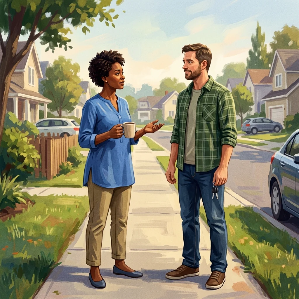 Two parents having a calm one-on-one conversation on a sidewalk, one holding coffee, the other holding car keys, suburban mid-morning setting