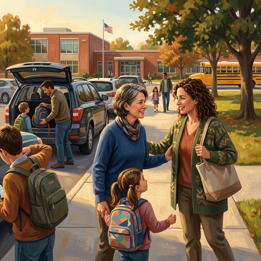 A parent giving a small thank-you note to another parent at a school pickup line; brief but warm interaction; afternoon light with a suburban schoolyard in the background
