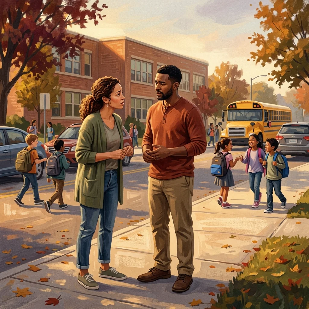 Two parents on a suburban sidewalk in a calm one-on-one conversation, kids visible in the background; warm late-afternoon light; the tone of a difficult but necessary talk