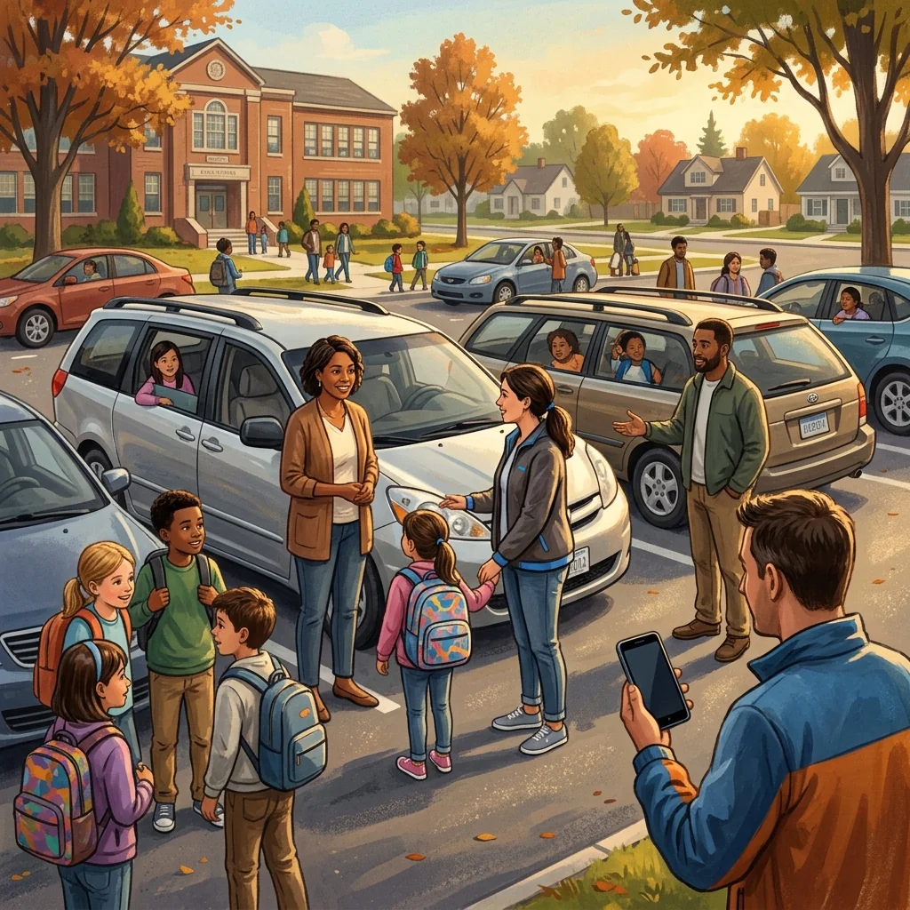 Parents at a school dropoff coordinating carpool arrangements, one holding a tablet showing a car-with-people icon, kids waiting nearby
