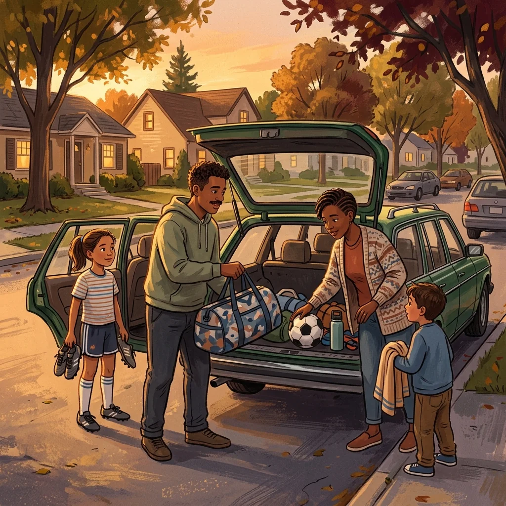 Parents loading a soccer ball, a duffel bag, and a water bottle into the open trunk of a station wagon at golden hour in a suburban neighborhood