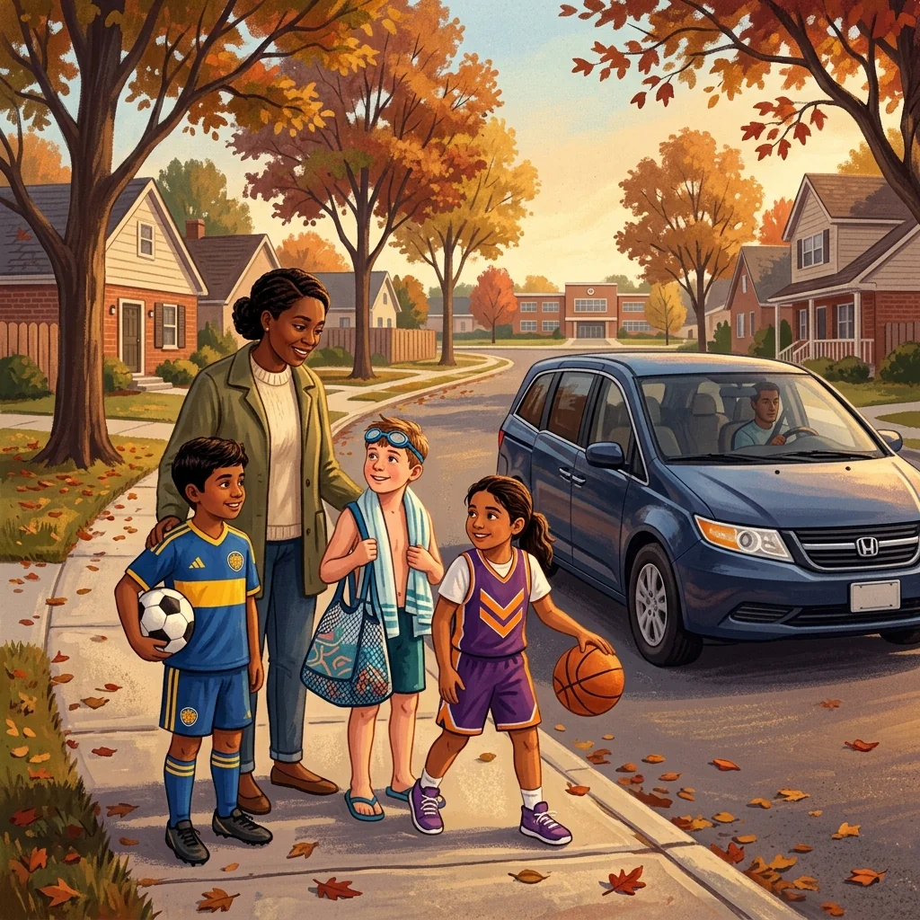 Three kids in soccer, swim, and basketball uniforms waiting at a curb with a parent, a minivan pulling up behind them on an autumn afternoon