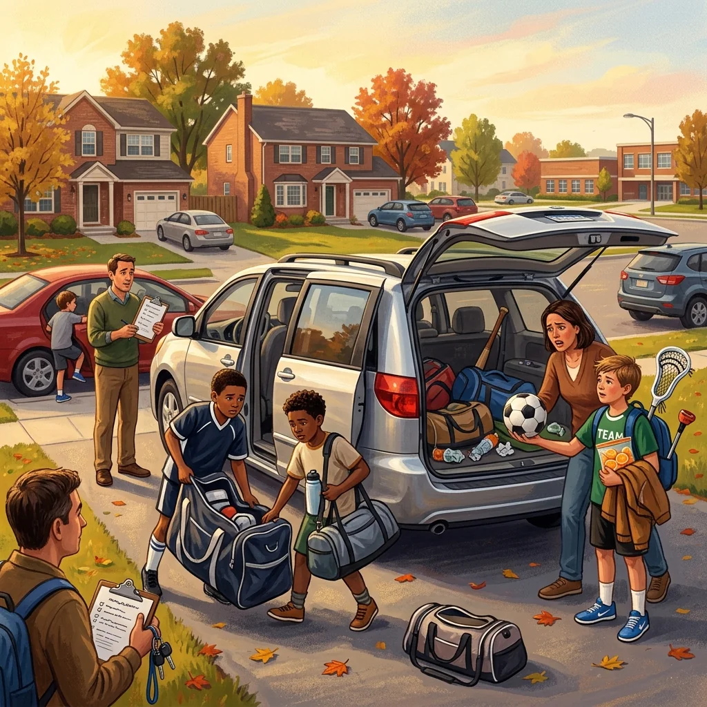 Parent in a yellow sweater looking at her phone with a furrowed brow while child in soccer uniform waits beside a car loaded with sports gear