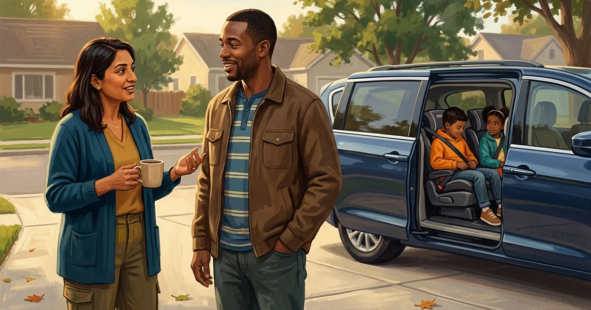 Two parents talking in a driveway in afternoon light, one holding a coffee, with two kids buckling into a minivan in the background