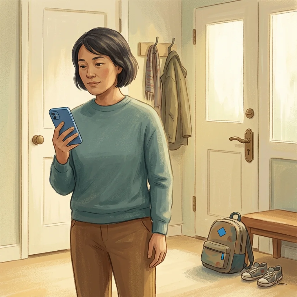 A parent in a softly-lit hallway holding a phone, looking thoughtful, with a backpack and shoes by the door