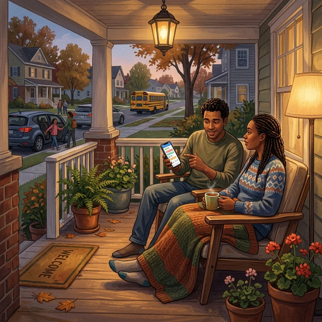 Two parents on a porch in the evening, one looking at a phone showing a schedule app, the other listening; warm porch light; calm conversation about renegotiating the carpool split