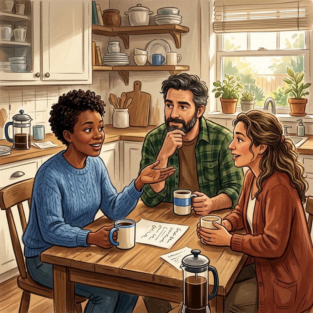 A small group of parents at a kitchen table with coffee mugs, one gesturing while explaining something on a phone screen the others are looking at