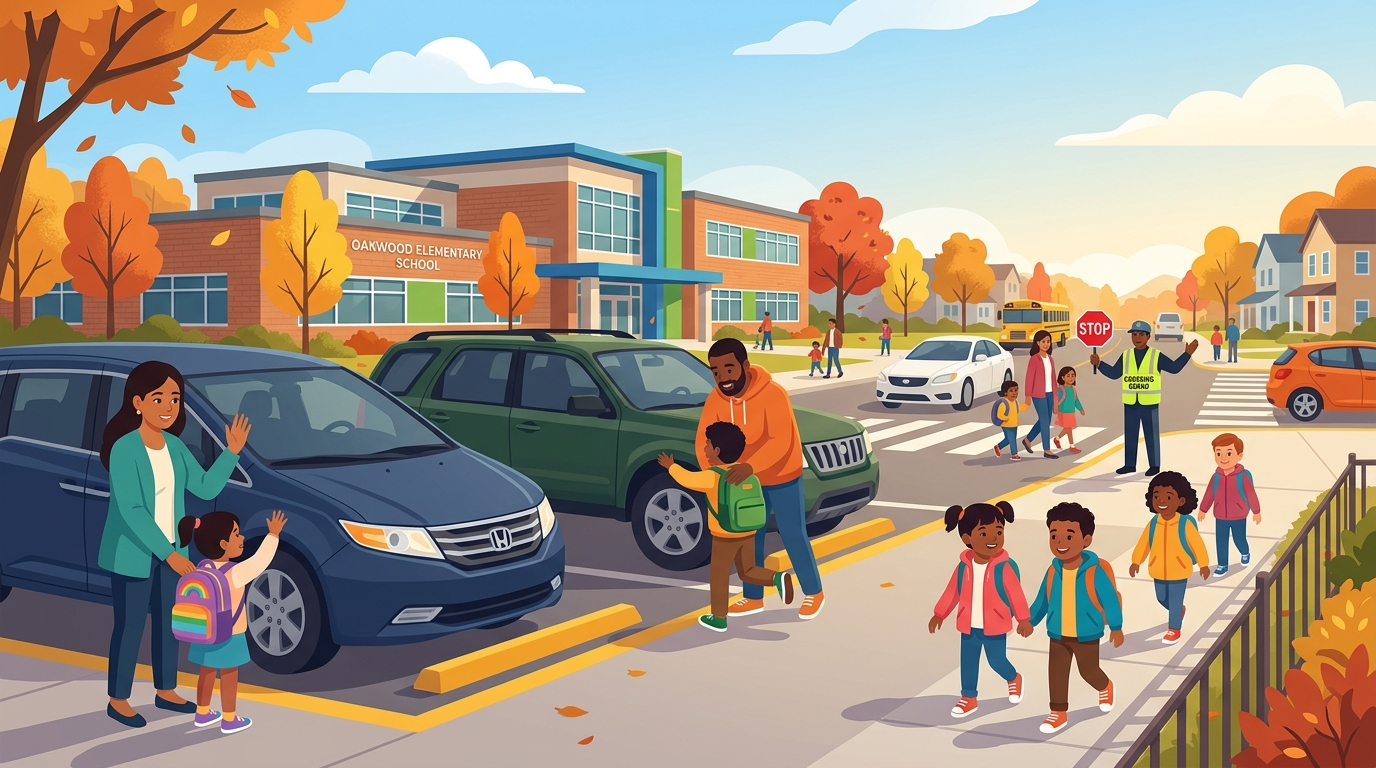 Parents and children at a school carpool drop-off zone