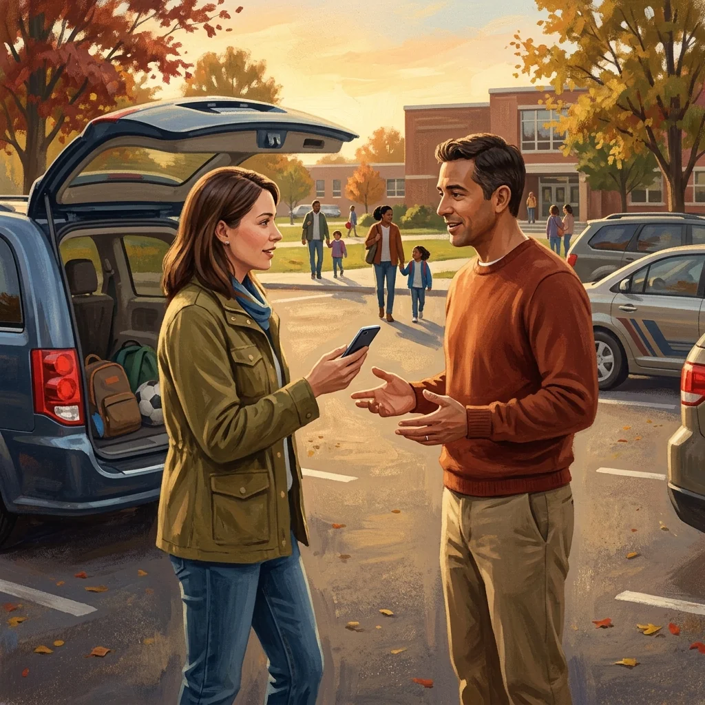 Two parents in a school parking lot having a calm conversation, one holding a phone, the other gesturing; warm late-afternoon light with a suburban schoolyard in the background