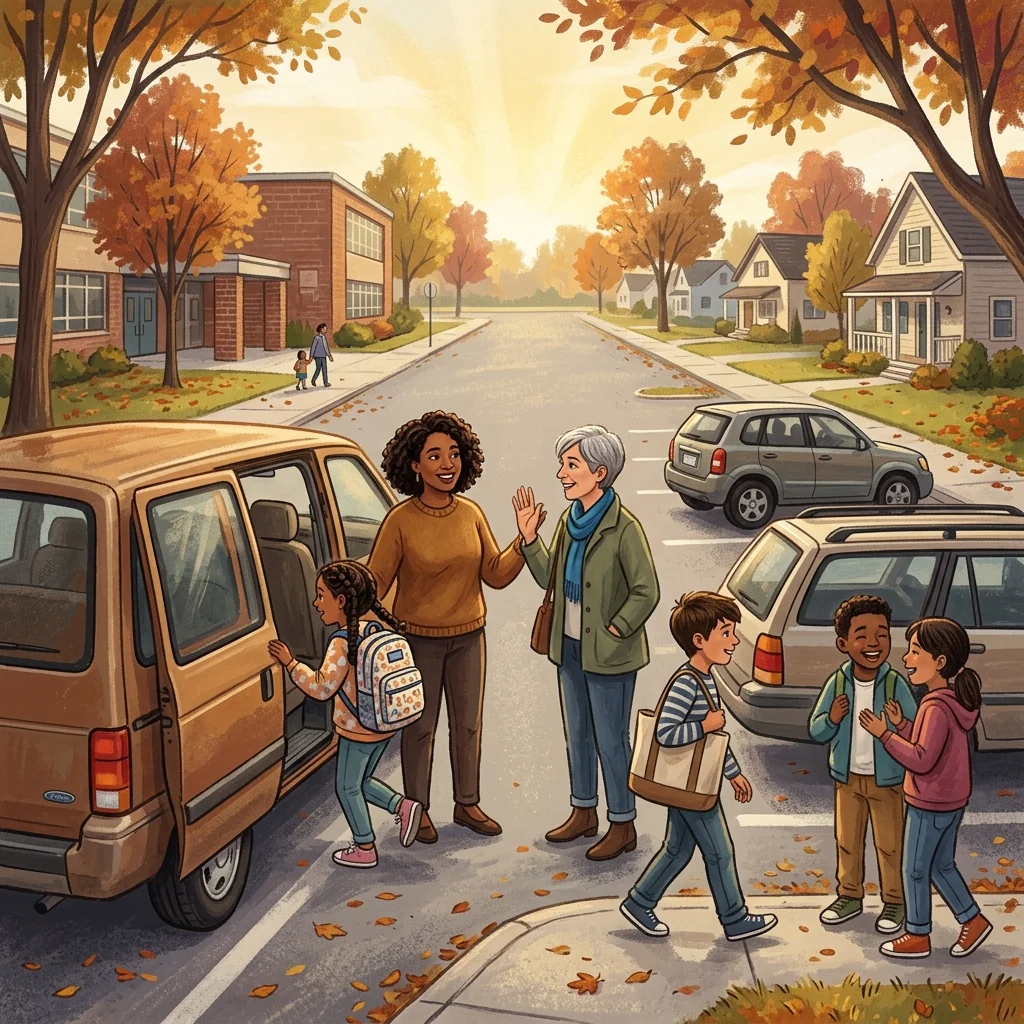 Parents chatting in a neighborhood at school dropoff while figuring out which families could carpool together
