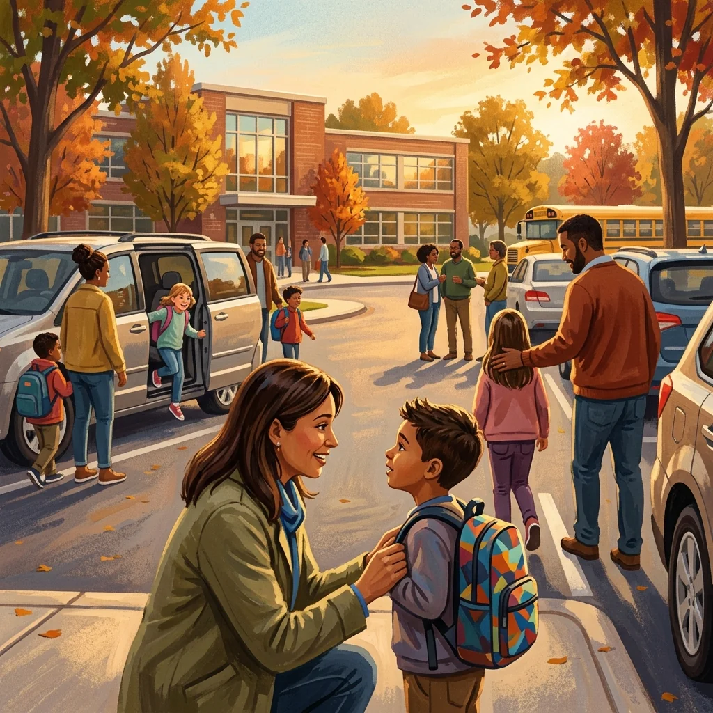 Two parents seated at a kitchen table having the first conversation about setting up a school carpool, going over days, drivers, and house rules
