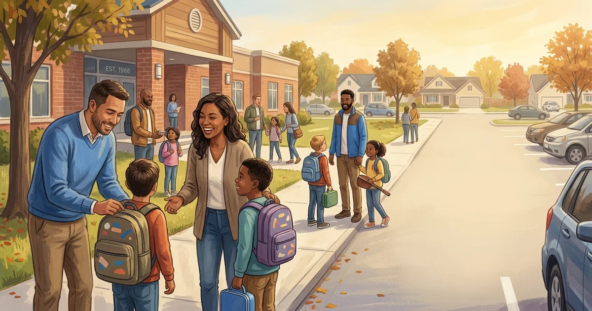Parents and children at a school carpool drop-off zone