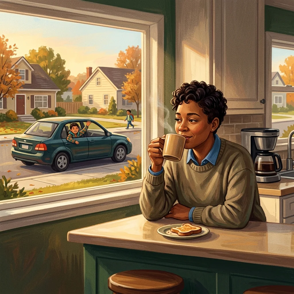 A parent at home in the morning, sipping coffee at a kitchen counter while a child waves from a neighbor's car pulling away from the curb outside the window; warm morning light
