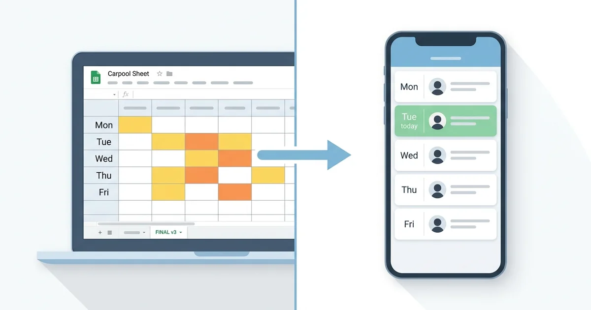 A carpool spreadsheet on a laptop next to a phone showing a modern carpool app schedule