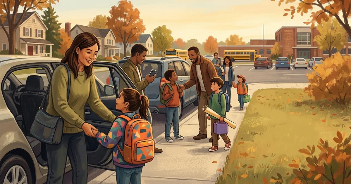 Parent overwhelmed by carpool group text notifications on phone while kids wait outside school