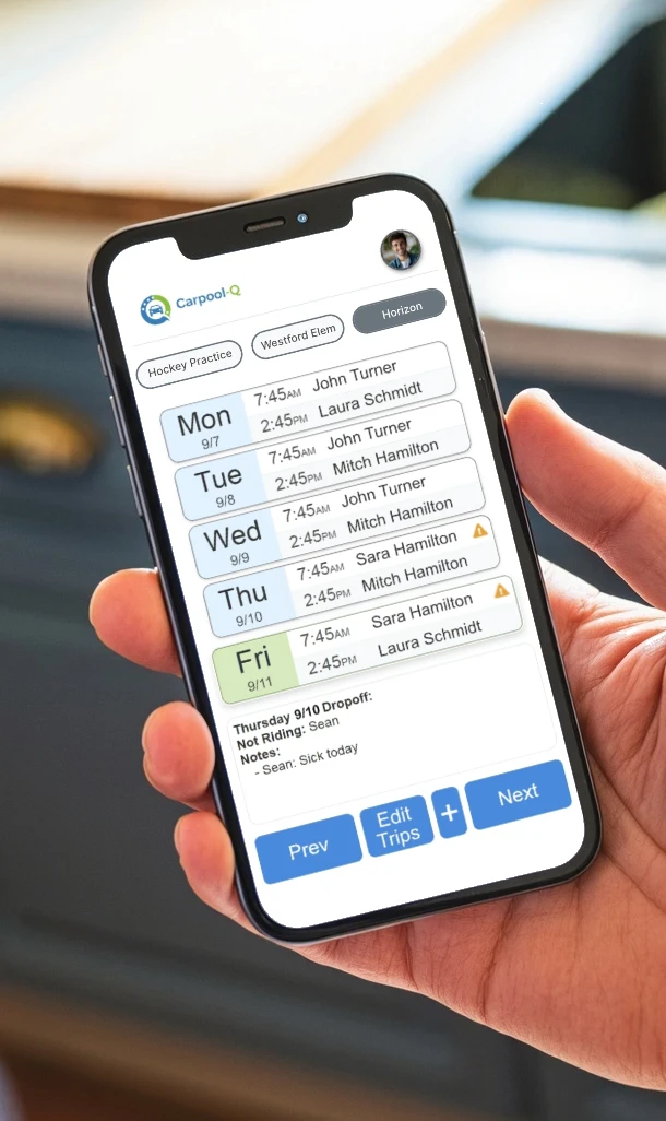 Parent holding phone showing Carpool-Q weekly schedule